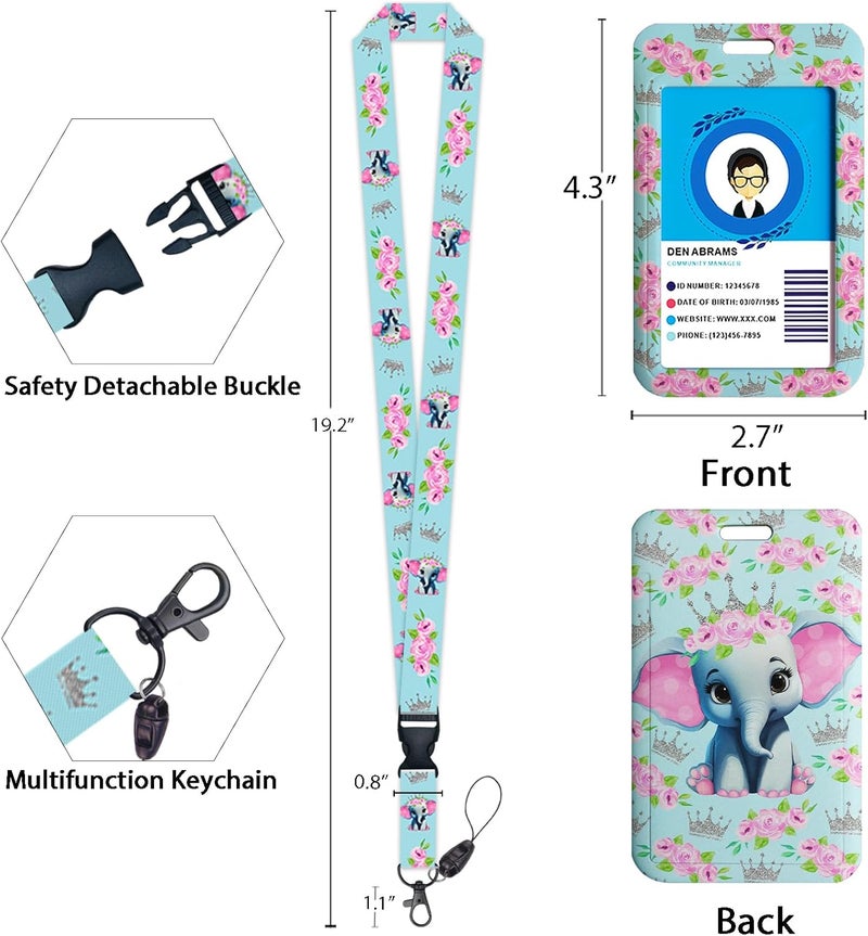 GIANCOMICS Cute Flower Elephant ID Badge Holder with Lanyard, Lanyards for ID Badges with Badge Reel Retractable Heavy Duty, Lanyard with ID Holder Keychain Clip ID Card Holder Teacher Women Work - Image 4